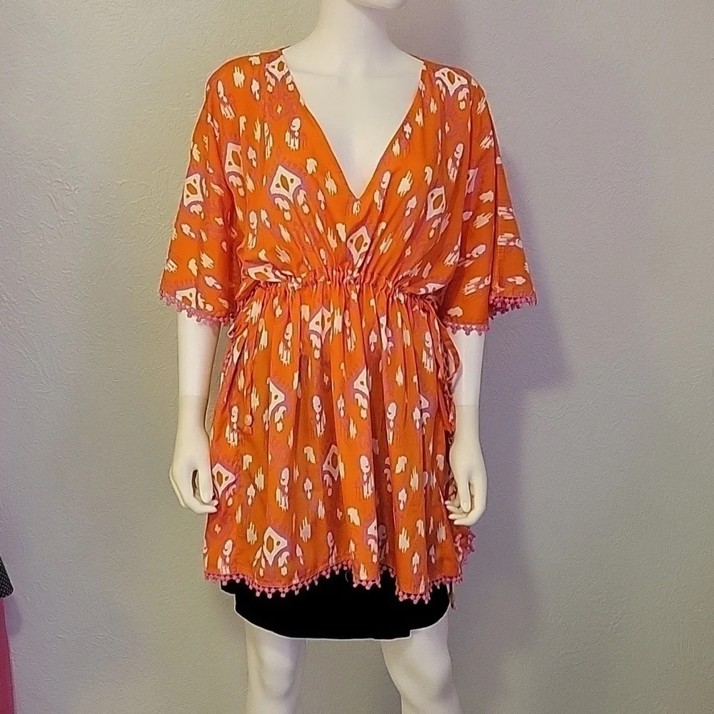Mud PIE Orange Geometric Tie Waist Swim Cover-up Festival Blouse
